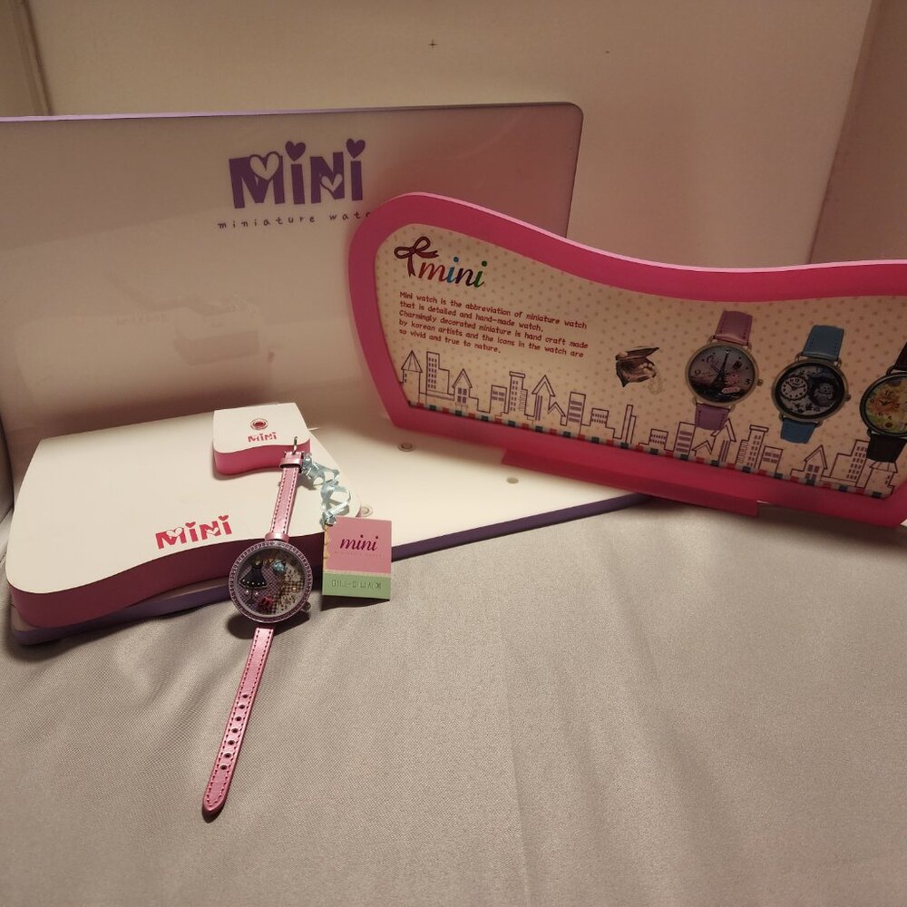 Mini Brand Handcrafted Watch - Clothing Boutique Theme with Thin Pink Band - Picture 2 of 4